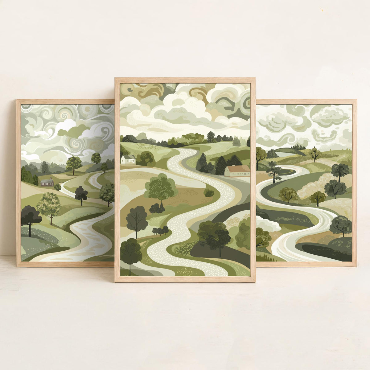 Set of Three Olive Green Landscape Art Prints - 3 Winding Country Road Posters - Wall Art Gift Illustration Pastoral V2