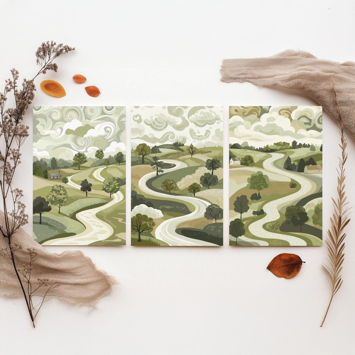 Set of Three Olive Green Landscape Art Prints - 3 Winding Country Road Posters - Wall Art Gift Illustration Pastoral V2