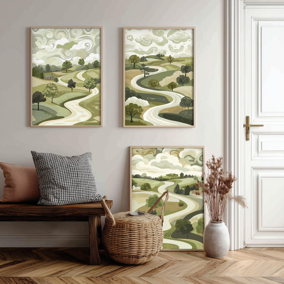 Set of Three Olive Green Landscape Art Prints - 3 Winding Country Road Posters - Wall Art Gift Illustration Pastoral V2