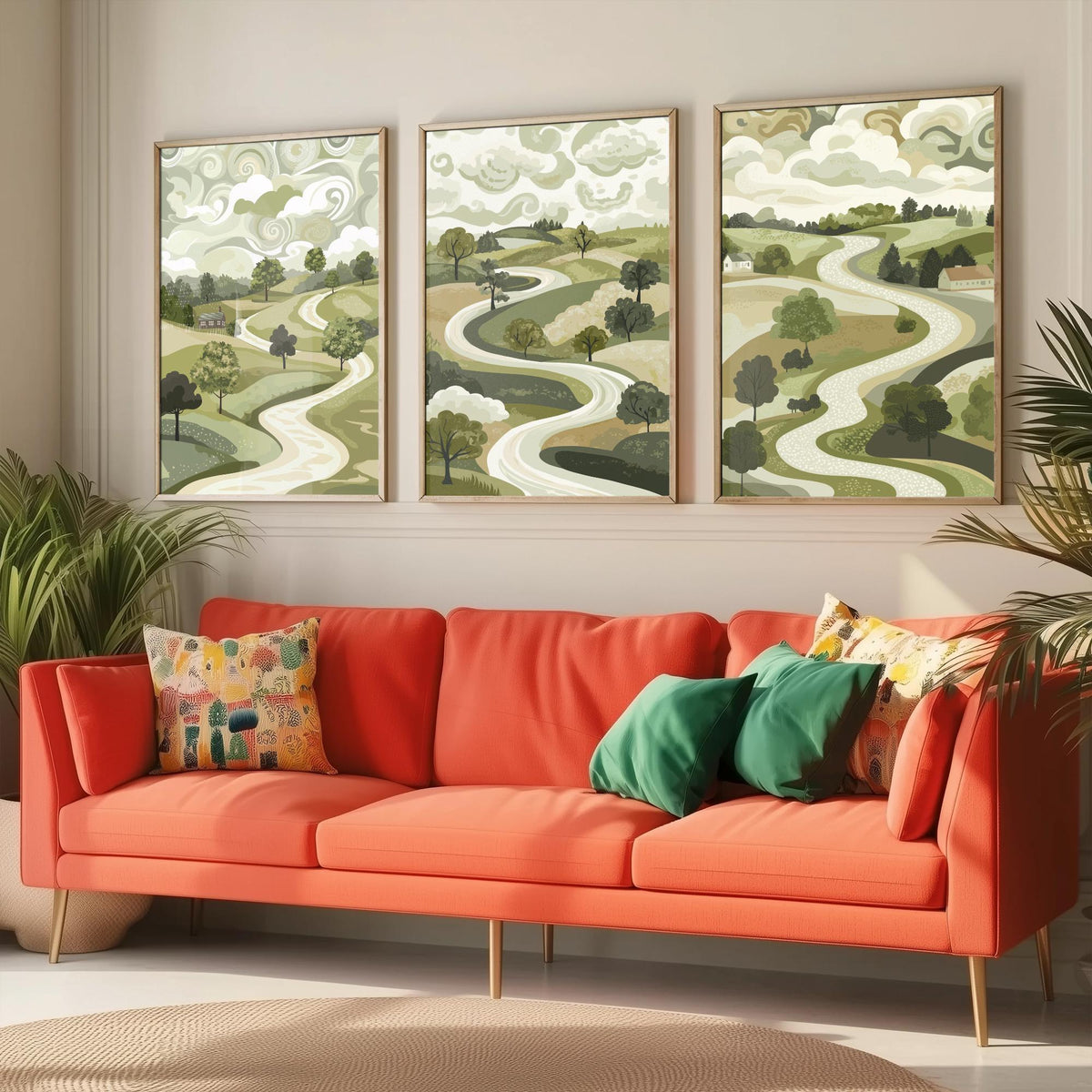 Set of Three Olive Green Landscape Art Prints - 3 Winding Country Road Posters - Wall Art Gift Illustration Pastoral V2