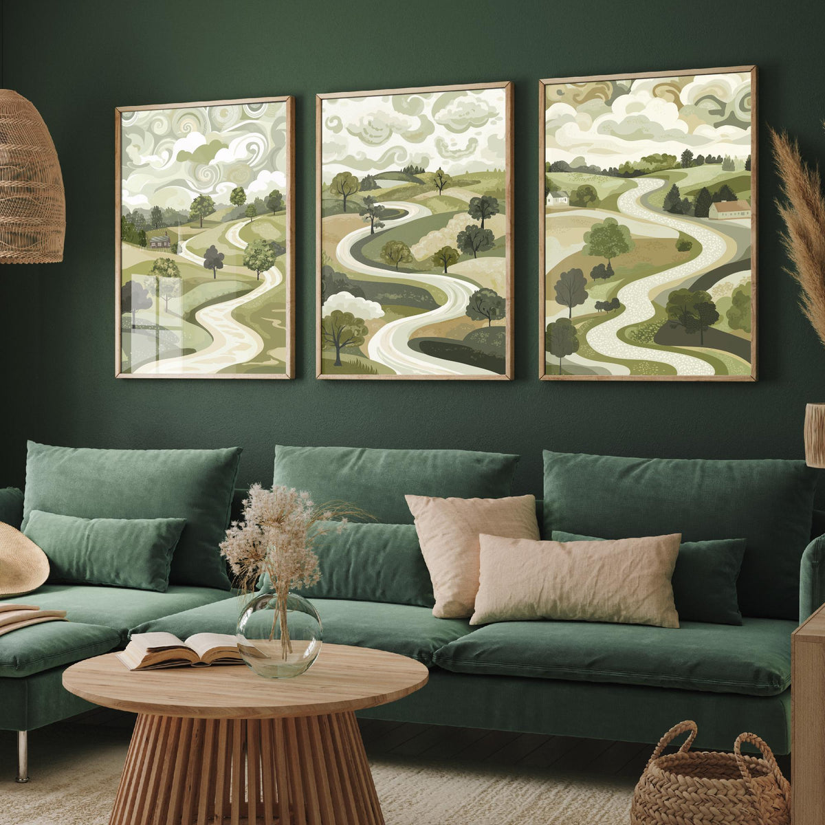 Set of Three Olive Green Landscape Art Prints - 3 Winding Country Road Posters - Wall Art Gift Illustration Pastoral V2