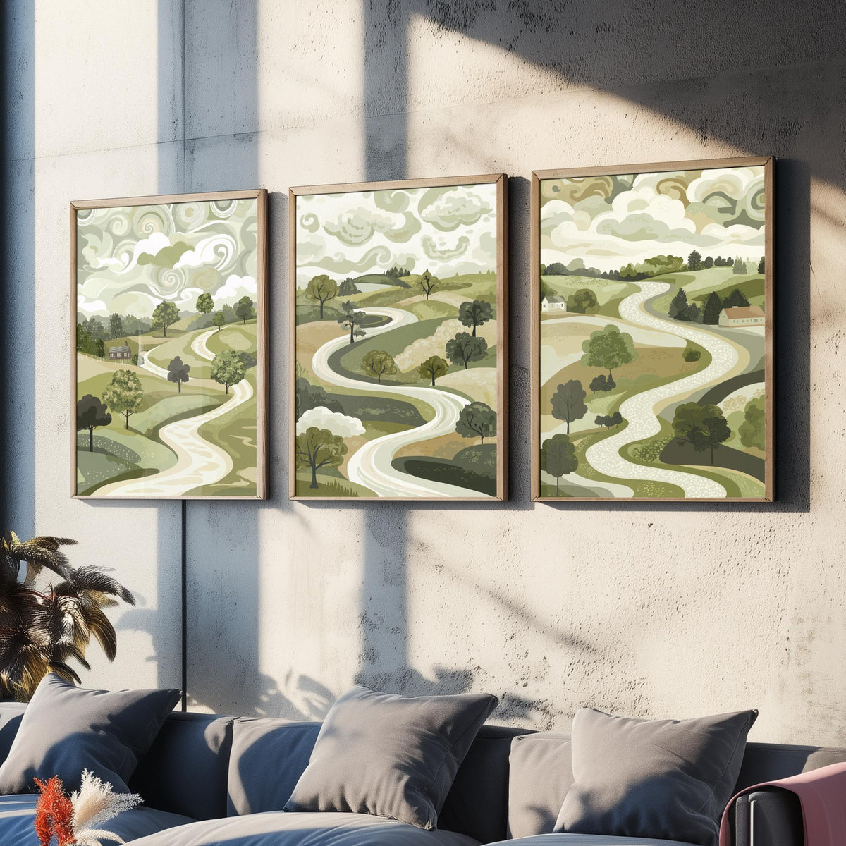 Set of Three Olive Green Landscape Art Prints - 3 Winding Country Road Posters - Wall Art Gift Illustration Pastoral V2