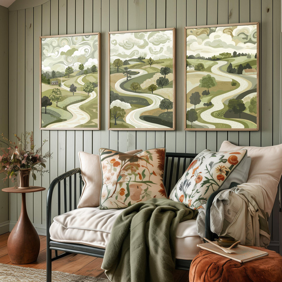 Set of Three Olive Green Landscape Art Prints - 3 Winding Country Road Posters - Wall Art Gift Illustration Pastoral V2