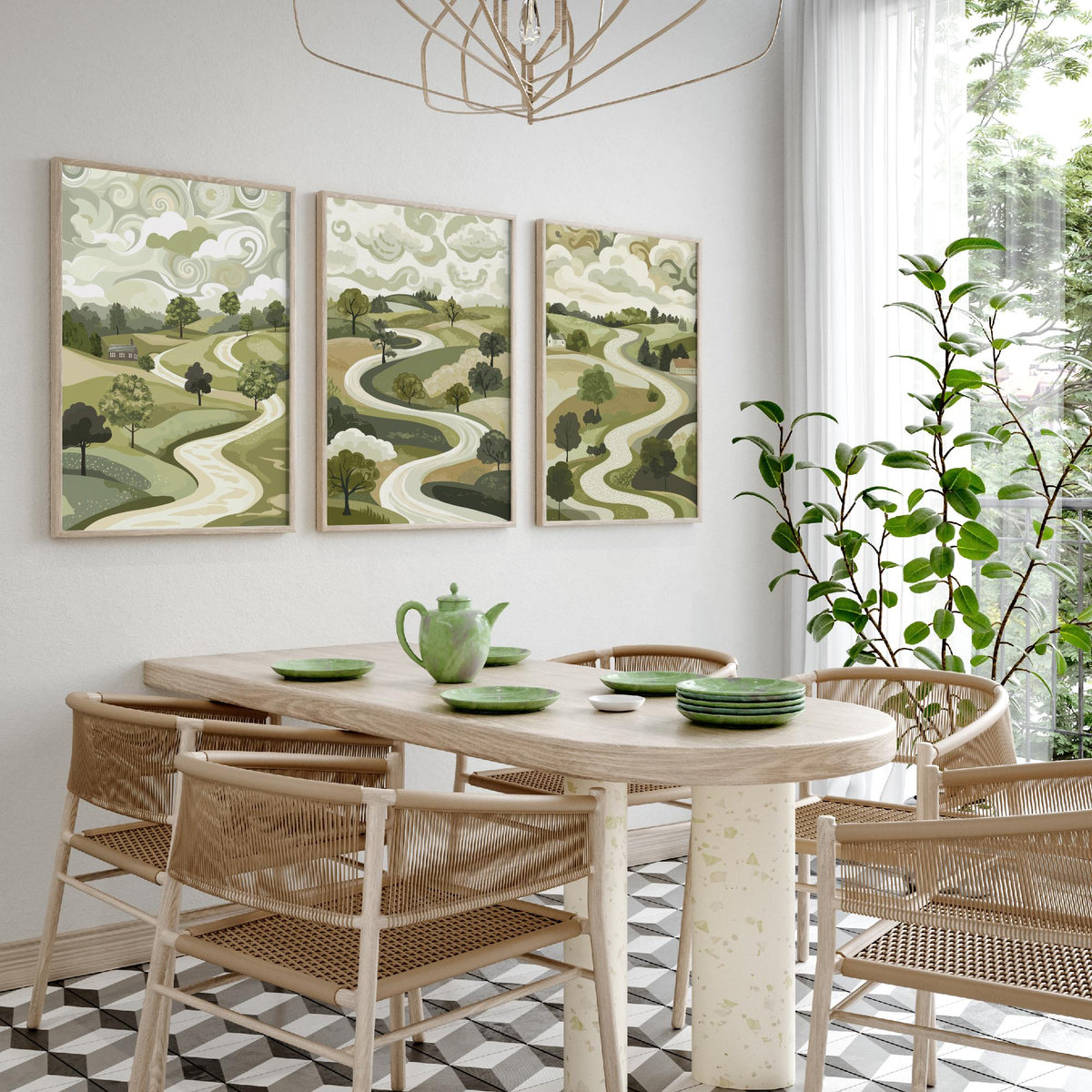 Set of Three Olive Green Landscape Art Prints - 3 Winding Country Road Posters - Wall Art Gift Illustration Pastoral V2