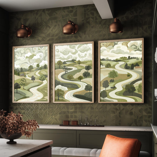 Set of Three Olive Green Landscape Art Prints - 3 Winding Country Road Posters - Wall Art Gift Illustration Pastoral V2