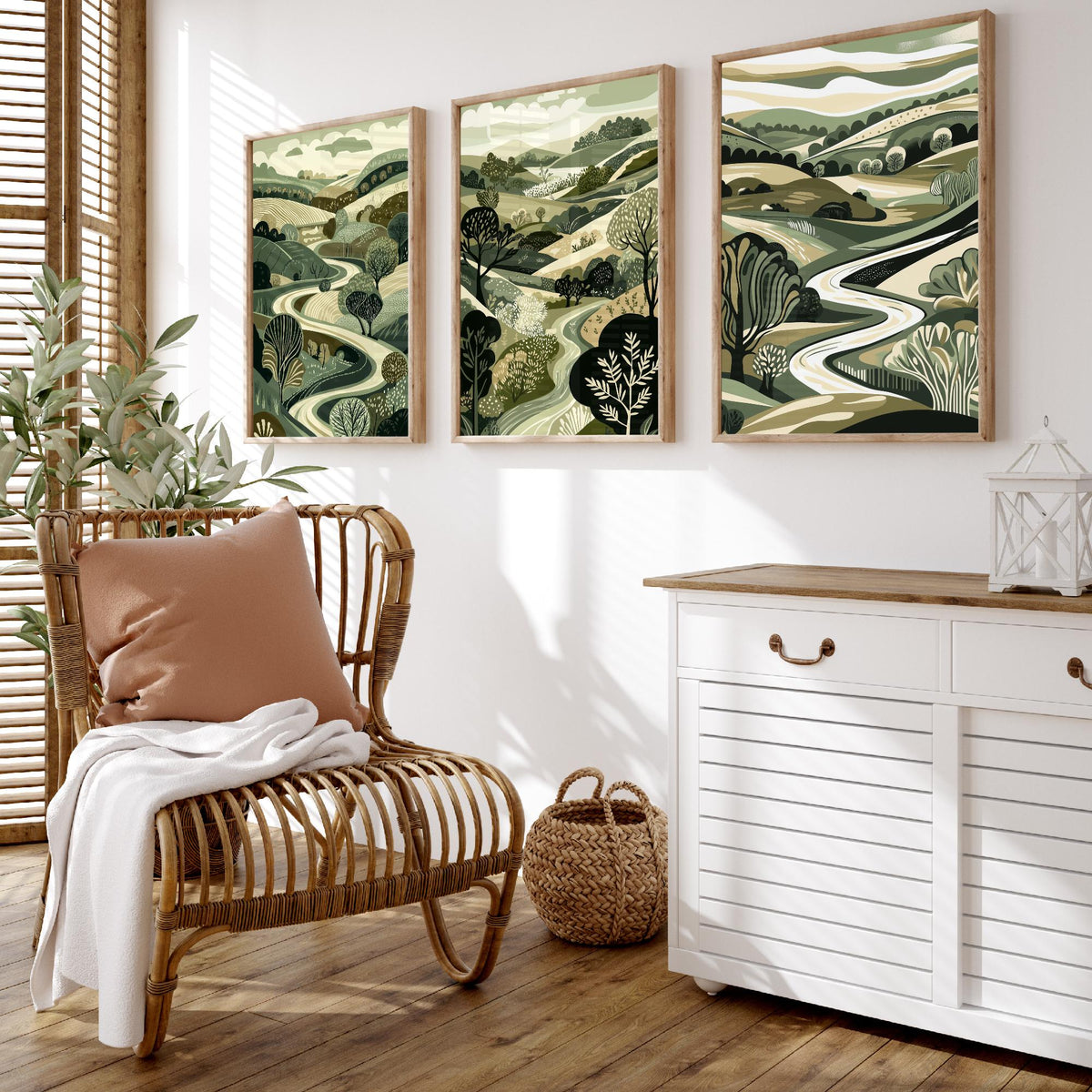 Set of Three Olive Green Landscape Art Prints - 3 Woodland Valley Tree Posters - Wall Art Gift Illustration Botanical V3