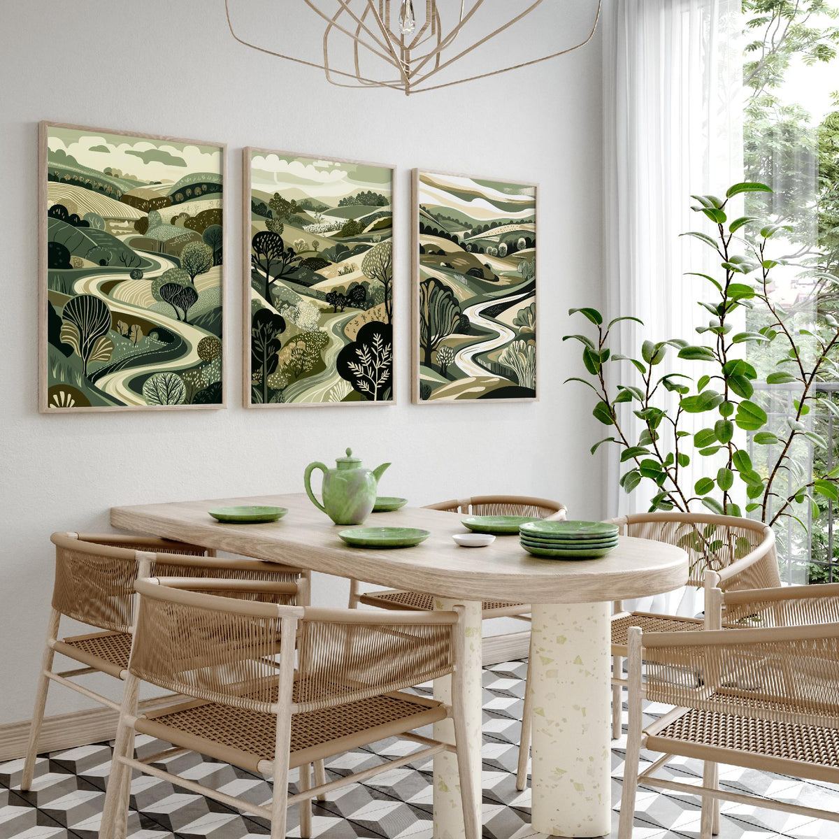 Set of Three Olive Green Landscape Art Prints - 3 Woodland Valley Tree Posters - Wall Art Gift Illustration Botanical V3