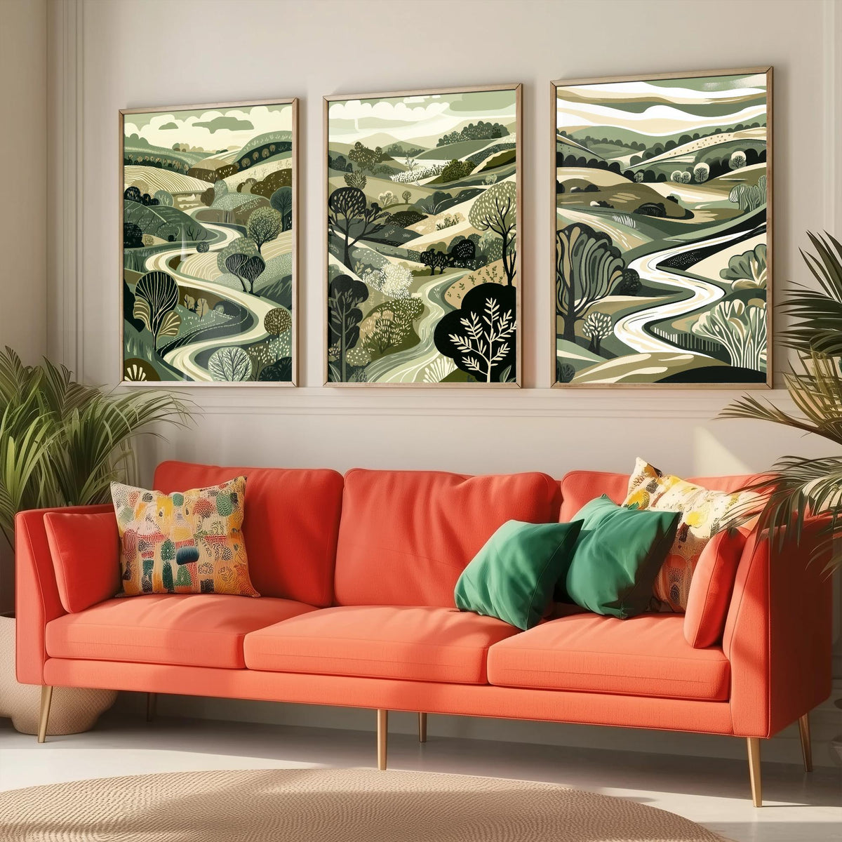 Set of Three Olive Green Landscape Art Prints - 3 Woodland Valley Tree Posters - Wall Art Gift Illustration Botanical V3