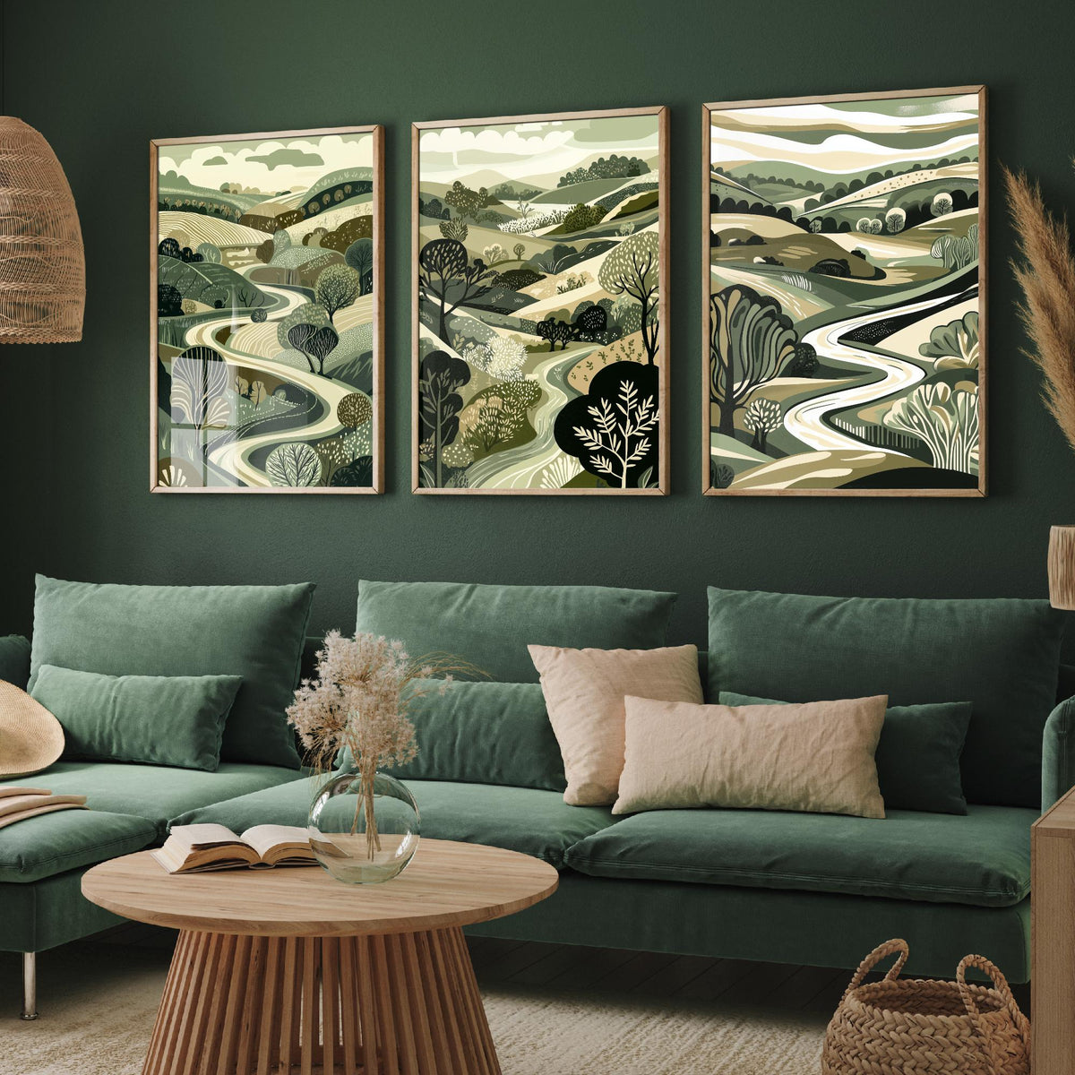 Set of Three Olive Green Landscape Art Prints - 3 Woodland Valley Tree Posters - Wall Art Gift Illustration Botanical V3