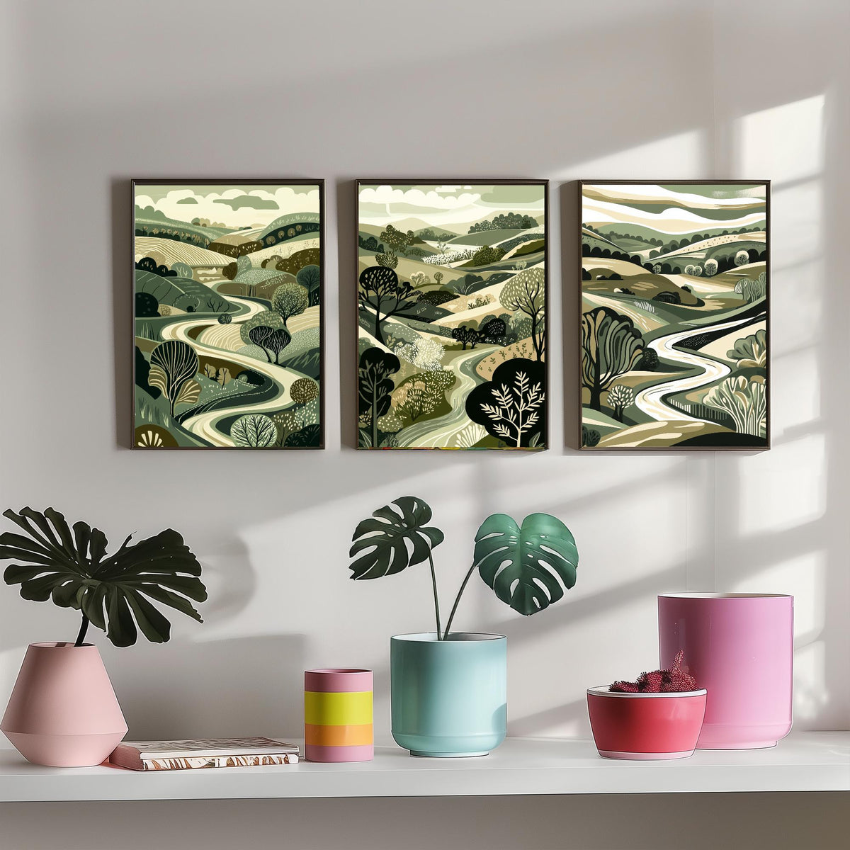 Set of Three Olive Green Landscape Art Prints - 3 Woodland Valley Tree Posters - Wall Art Gift Illustration Botanical V3