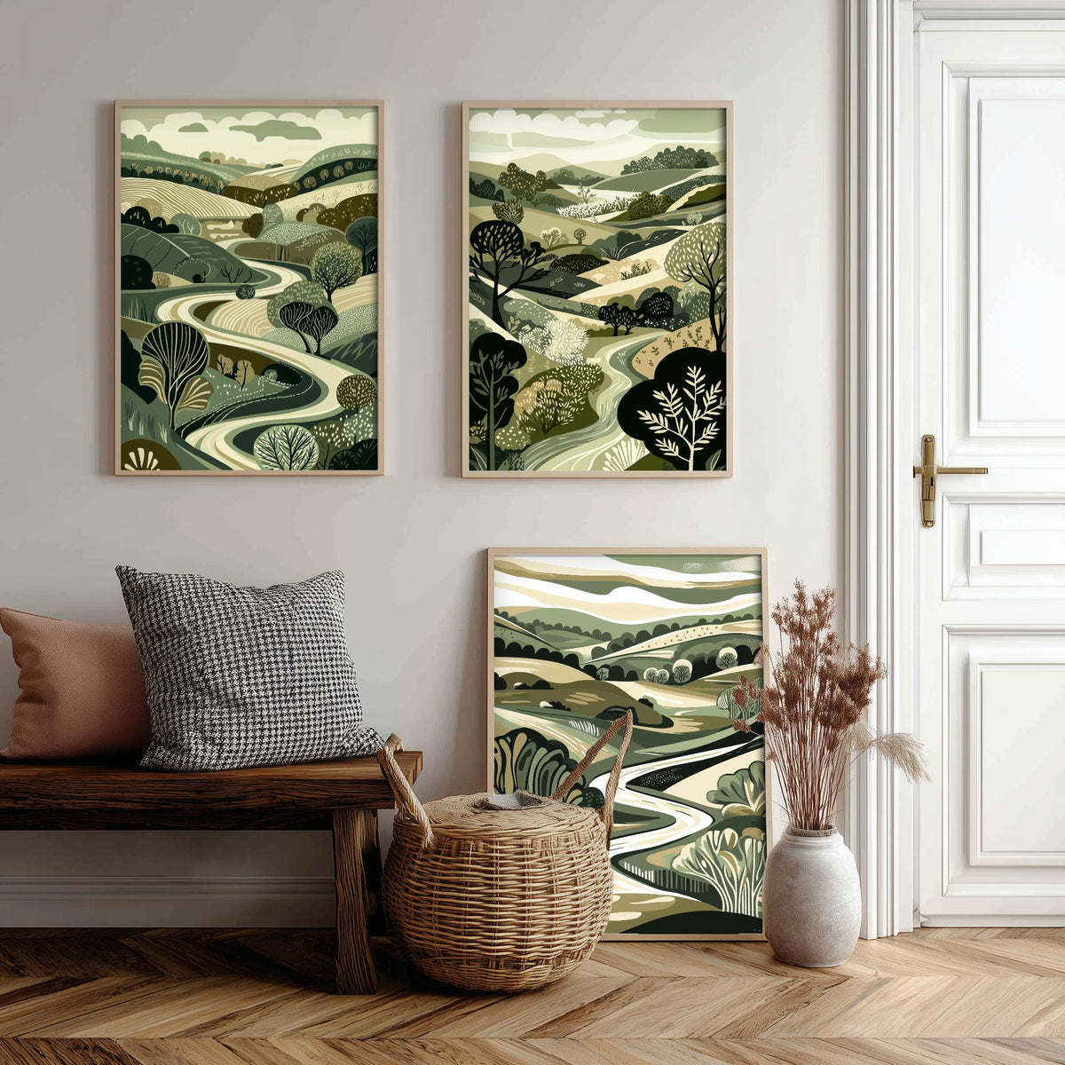 Set of Three Olive Green Landscape Art Prints - 3 Woodland Valley Tree Posters - Wall Art Gift Illustration Botanical V3
