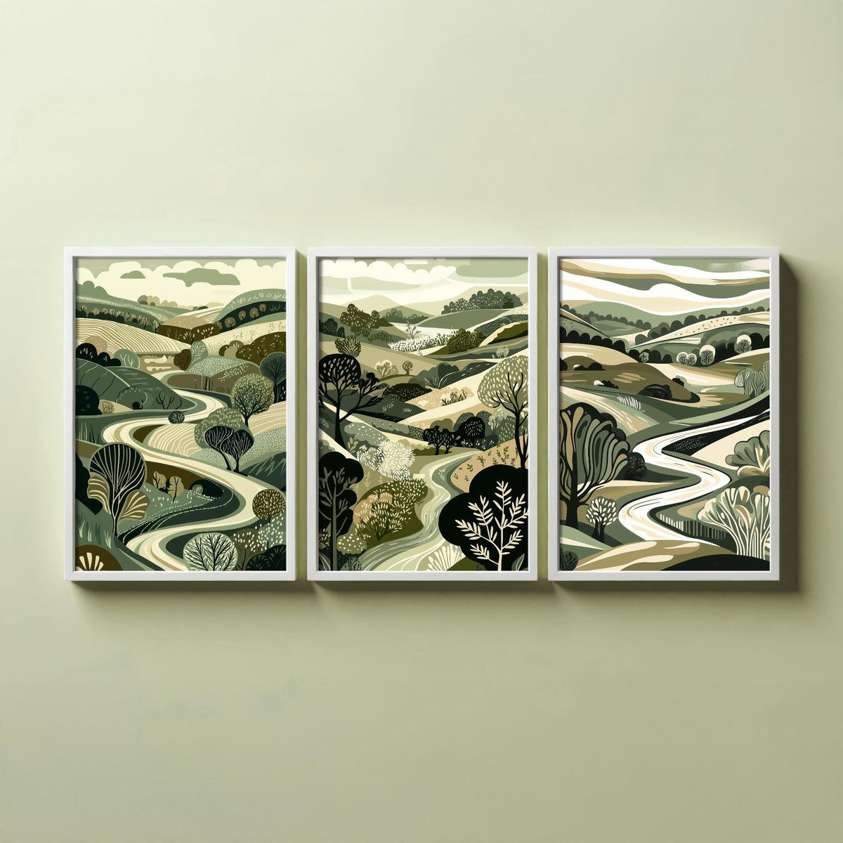 Set of Three Olive Green Landscape Art Prints - 3 Woodland Valley Tree Posters - Wall Art Gift Illustration Botanical V3