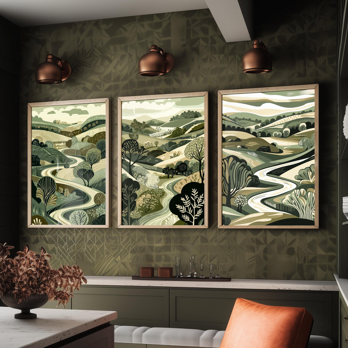 Set of Three Olive Green Landscape Art Prints - 3 Woodland Valley Tree Posters - Wall Art Gift Illustration Botanical V3
