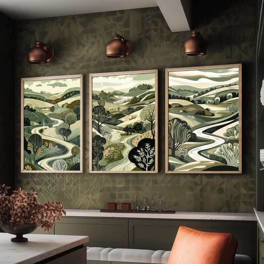Set of Three Olive Green Landscape Art Prints - 3 Woodland Valley Tree Posters - Wall Art Gift Illustration Botanical V3