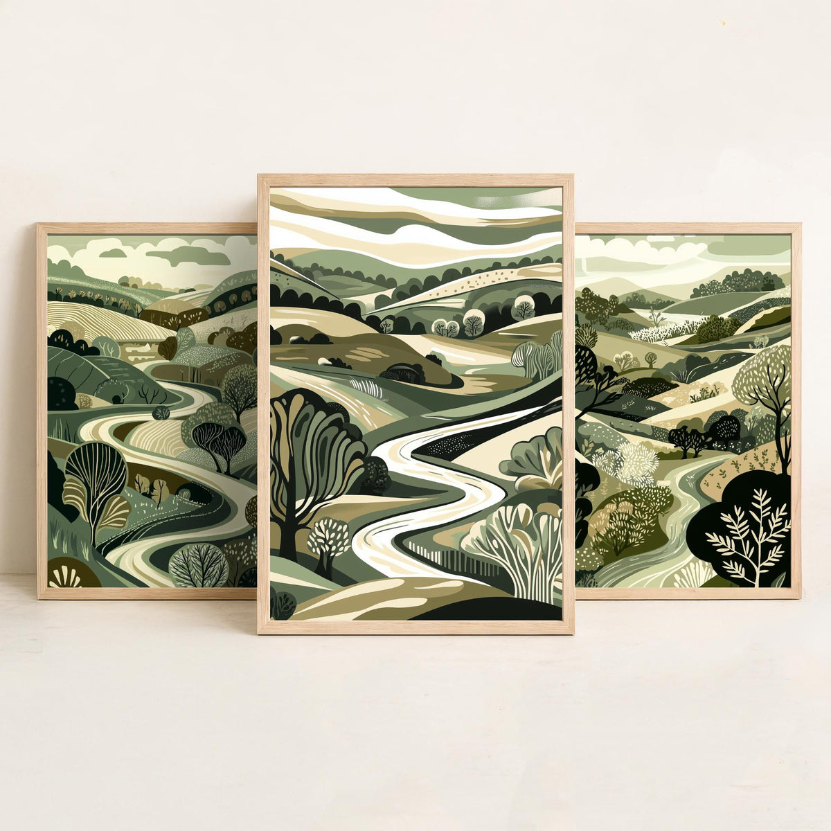 Set of Three Olive Green Landscape Art Prints - 3 Woodland Valley Tree Posters - Wall Art Gift Illustration Botanical V3