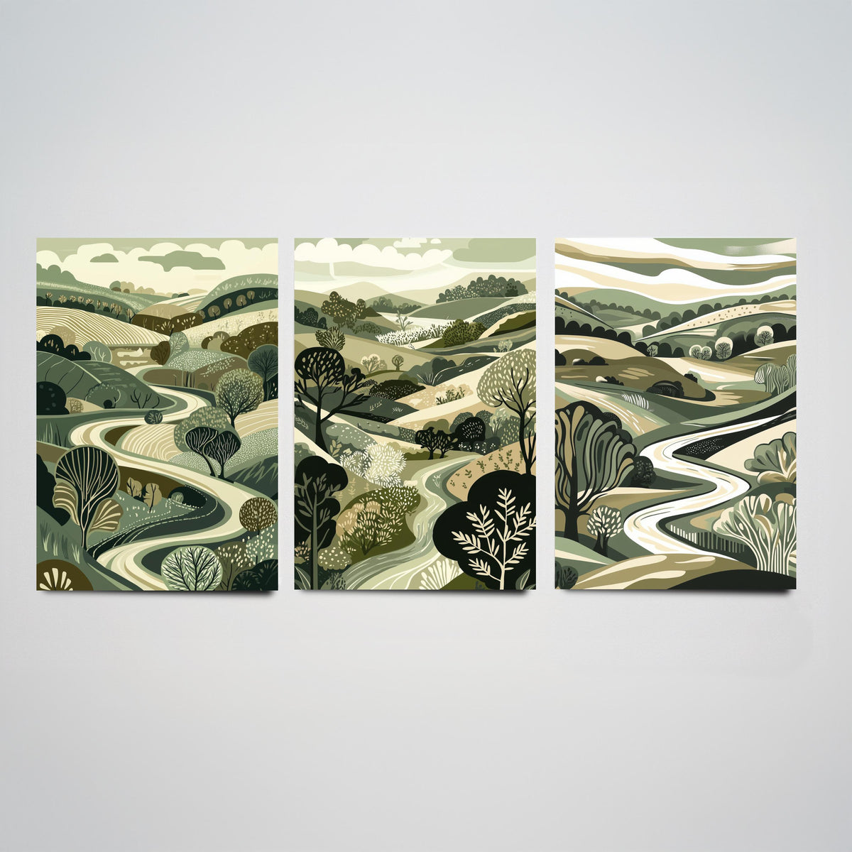 Set of Three Olive Green Landscape Art Prints - 3 Woodland Valley Tree Posters - Wall Art Gift Illustration Botanical V3