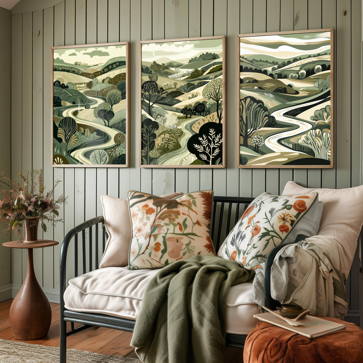 Set of Three Olive Green Landscape Art Prints - 3 Woodland Valley Tree Posters - Wall Art Gift Illustration Botanical V3