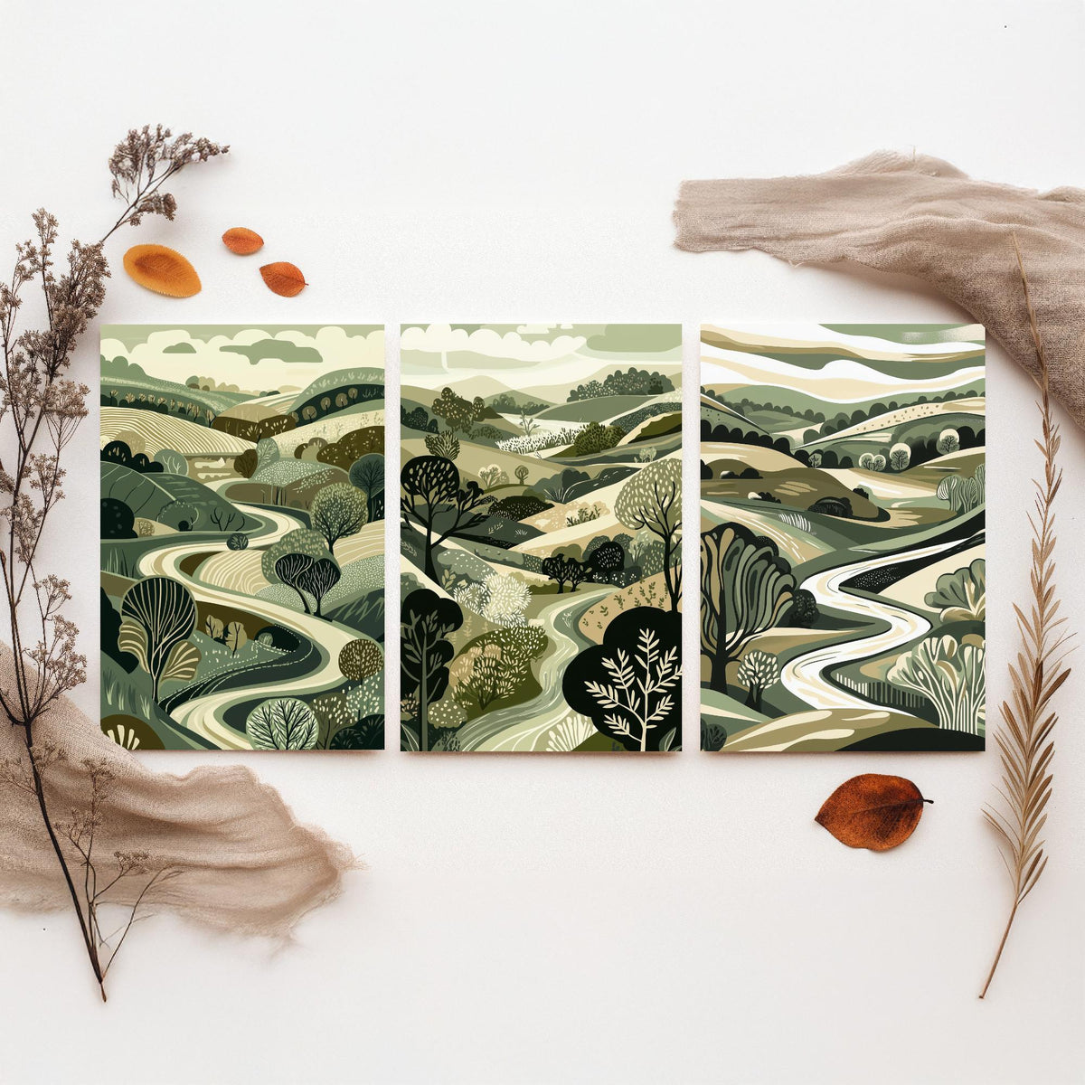 Set of Three Olive Green Landscape Art Prints - 3 Woodland Valley Tree Posters - Wall Art Gift Illustration Botanical V3