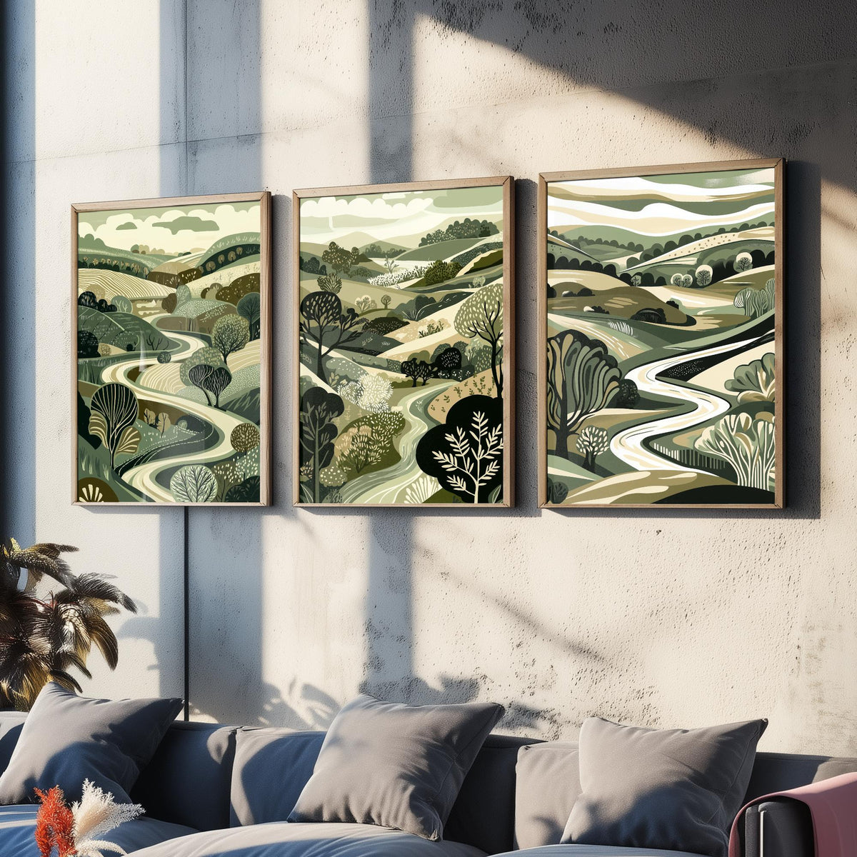 Set of Three Olive Green Landscape Art Prints - 3 Woodland Valley Tree Posters - Wall Art Gift Illustration Botanical V3