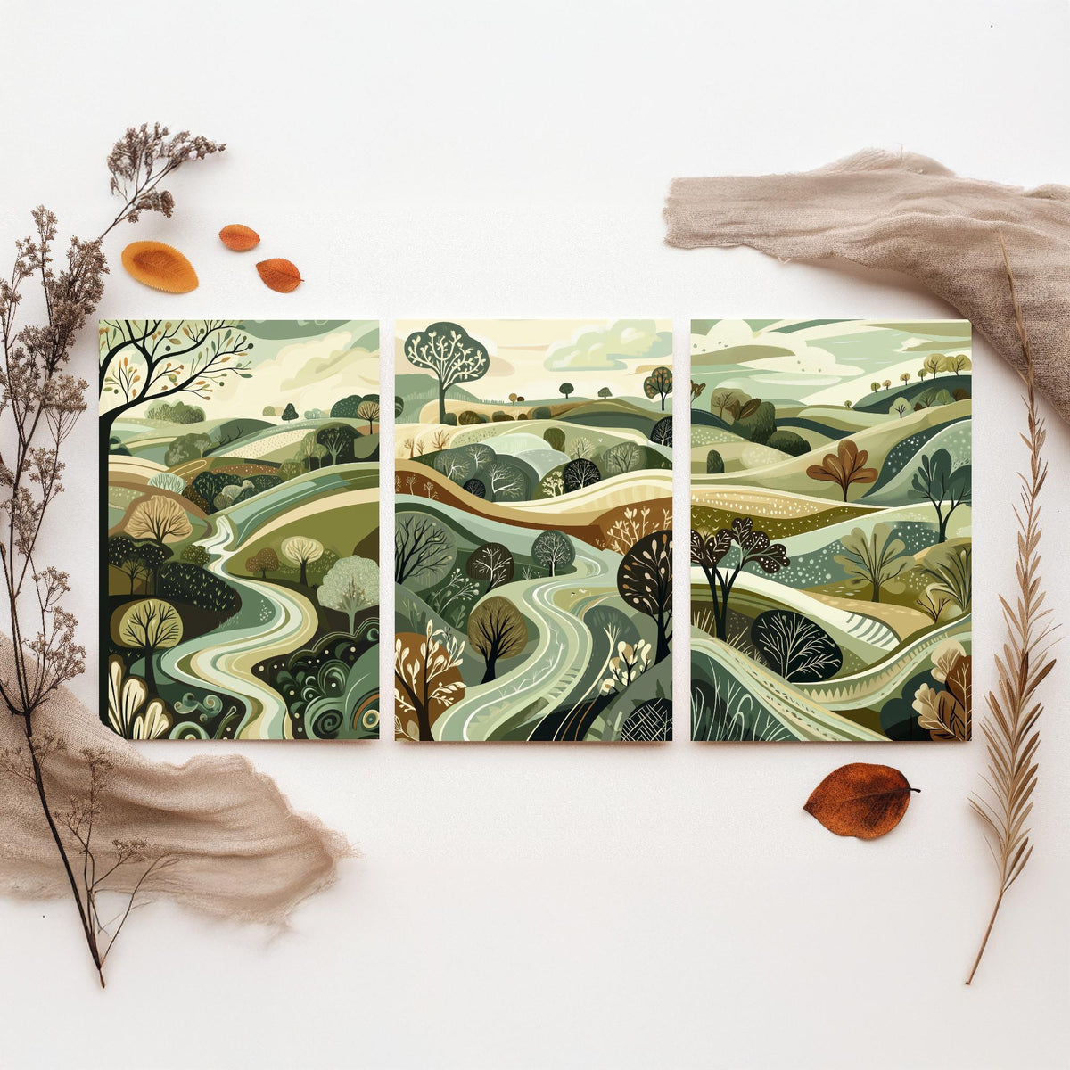 Set of Three Rolling Hills Art Prints - Winding River Valley - 3 Olive Green Countryside Posters - Folk Illustration Painting V4