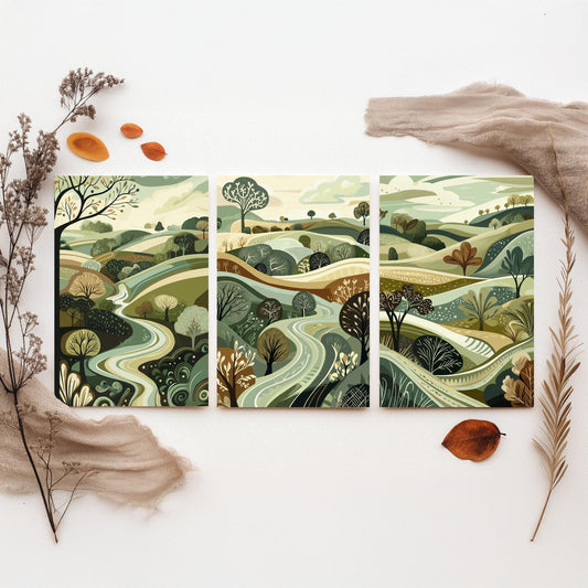 Set of Three Rolling Hills Art Prints - Winding River Valley - 3 Olive Green Countryside Posters - Folk Illustration Painting V4