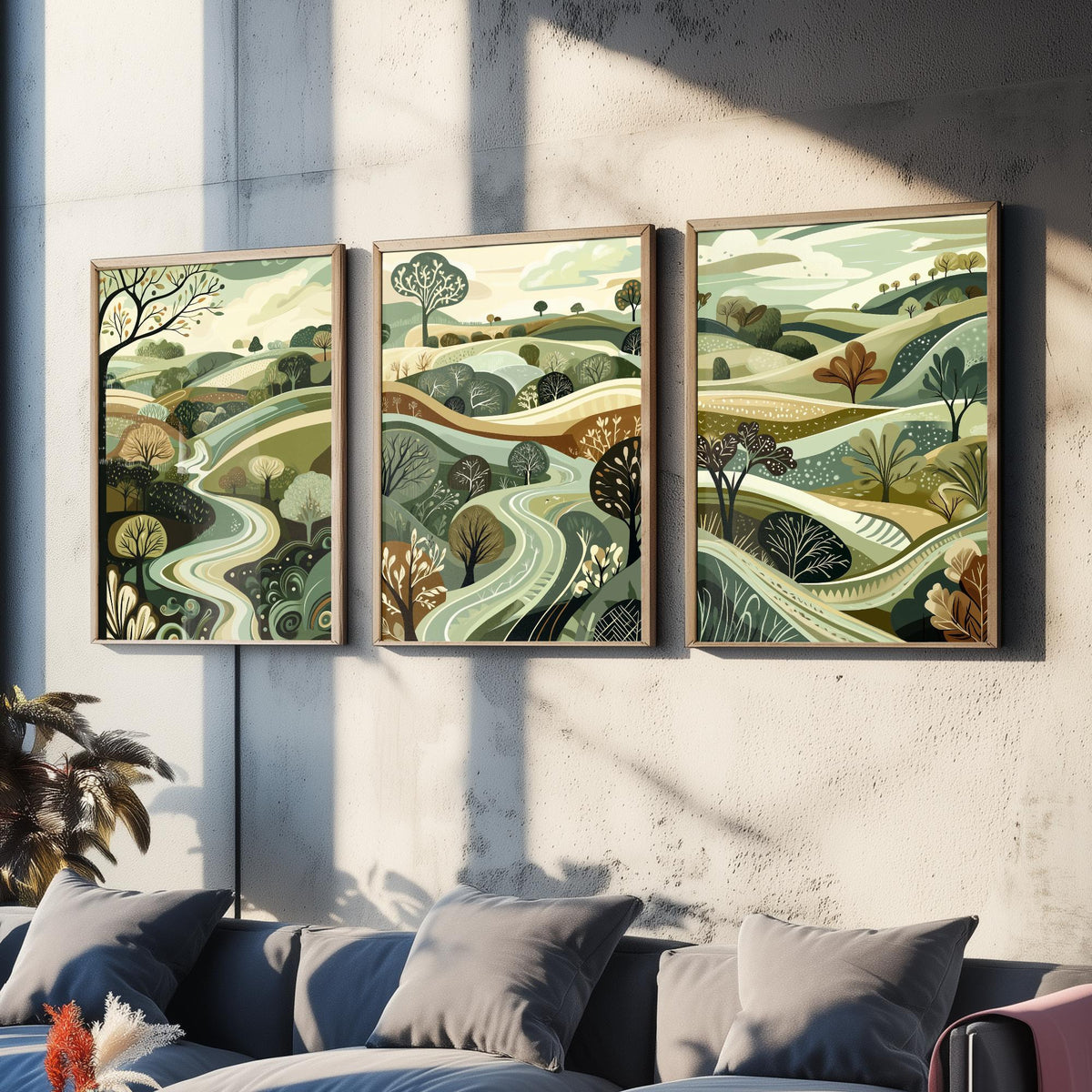Set of Three Rolling Hills Art Prints - Winding River Valley - 3 Olive Green Countryside Posters - Folk Illustration Painting V4