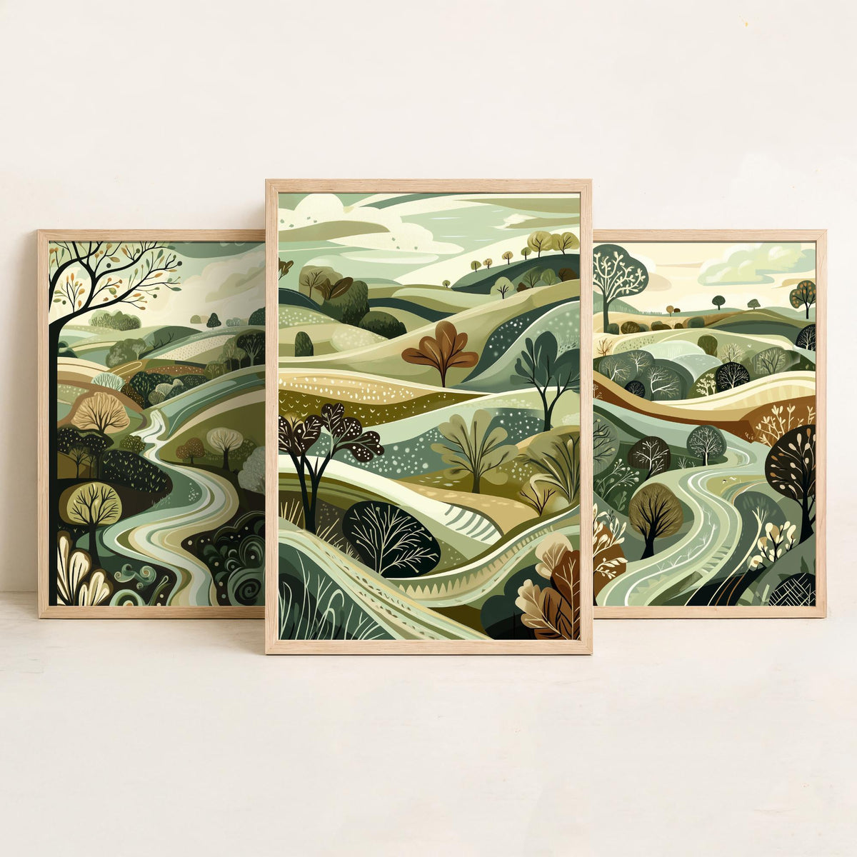 Set of Three Rolling Hills Art Prints - Winding River Valley - 3 Olive Green Countryside Posters - Folk Illustration Painting V4