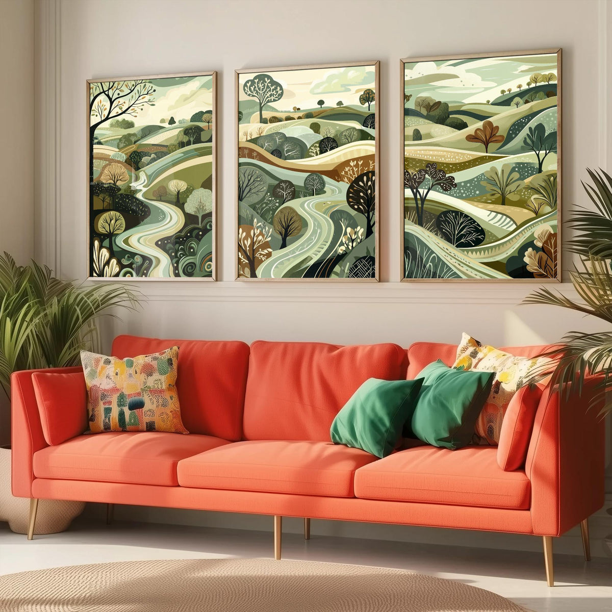 Set of Three Rolling Hills Art Prints - Winding River Valley - 3 Olive Green Countryside Posters - Folk Illustration Painting V4