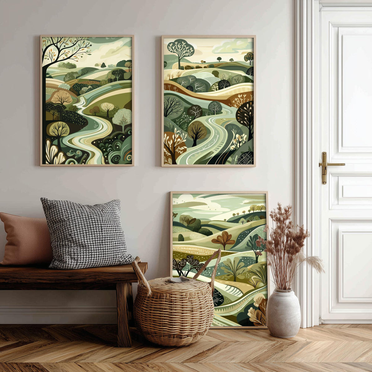 Set of Three Rolling Hills Art Prints - Winding River Valley - 3 Olive Green Countryside Posters - Folk Illustration Painting V4