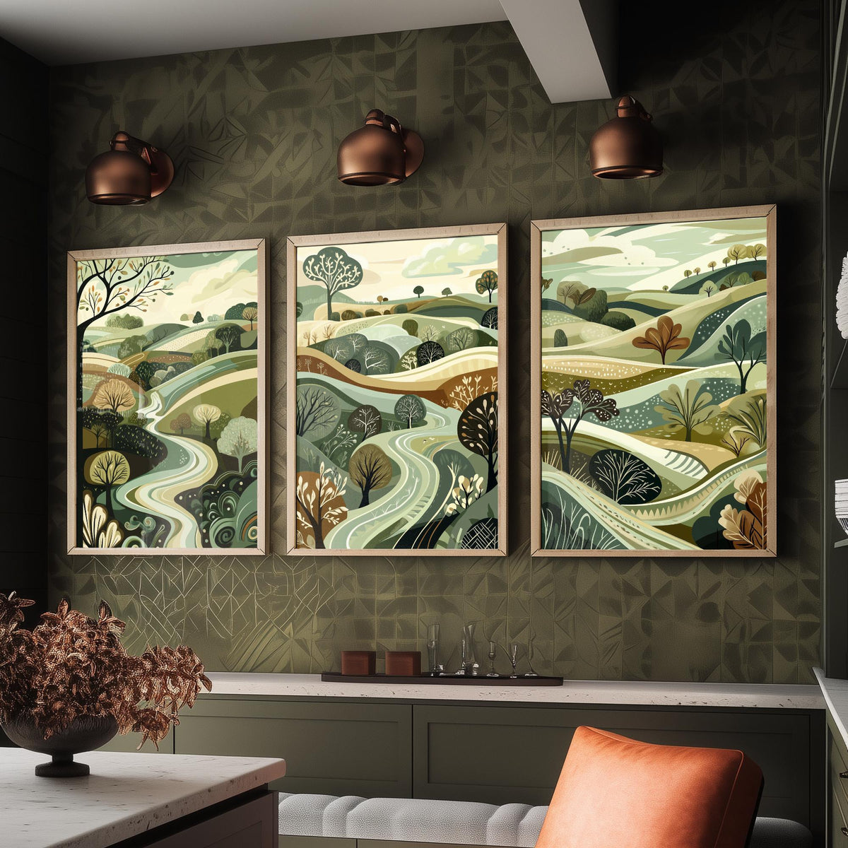Set of Three Rolling Hills Art Prints - Winding River Valley - 3 Olive Green Countryside Posters - Folk Illustration Painting V4