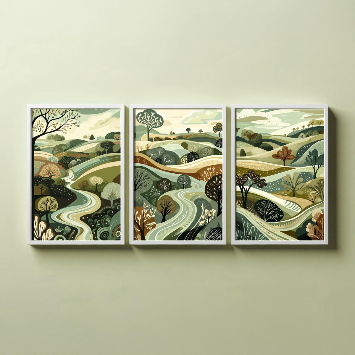 Set of Three Rolling Hills Art Prints - Winding River Valley - 3 Olive Green Countryside Posters - Folk Illustration Painting V4