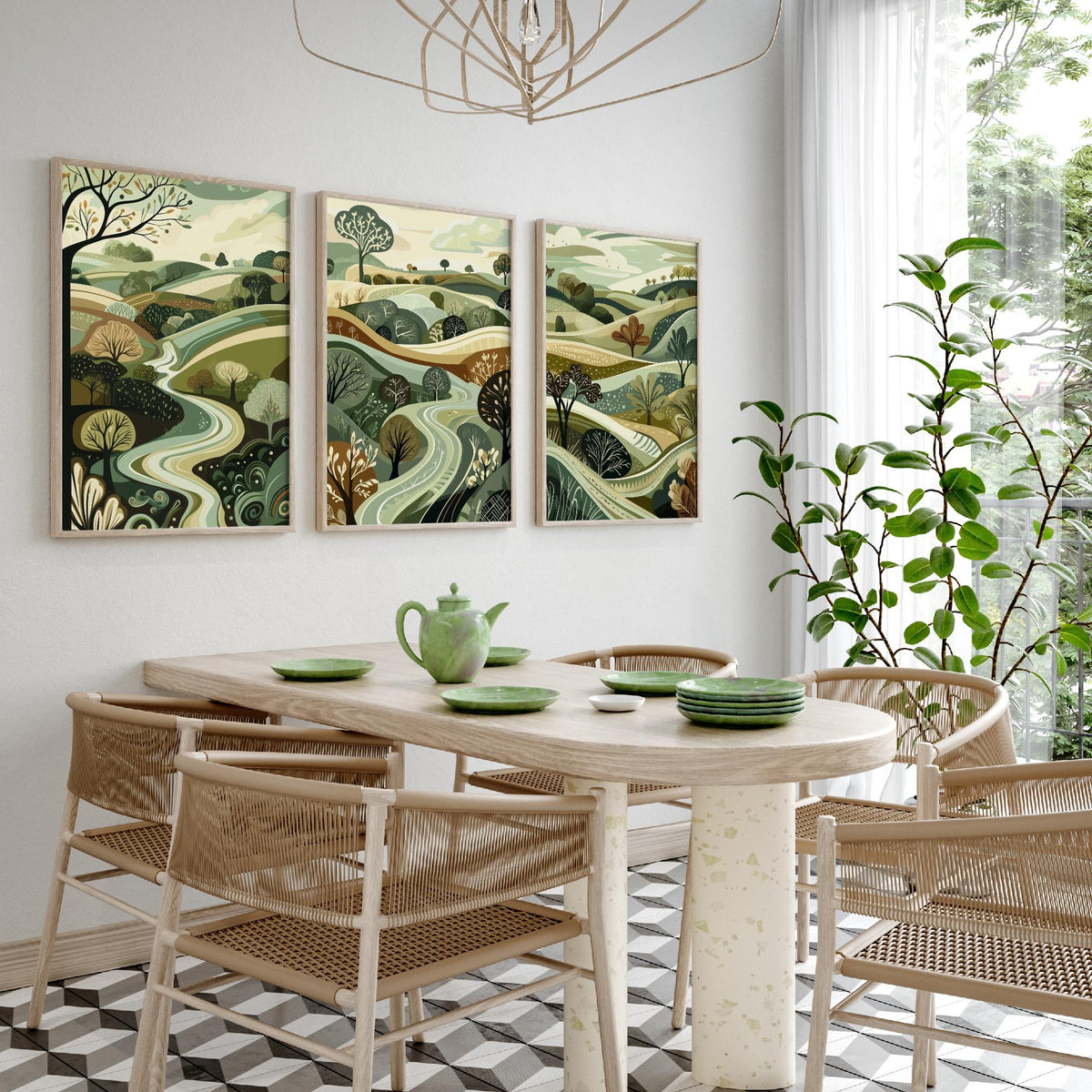 Set of Three Rolling Hills Art Prints - Winding River Valley - 3 Olive Green Countryside Posters - Folk Illustration Painting V4