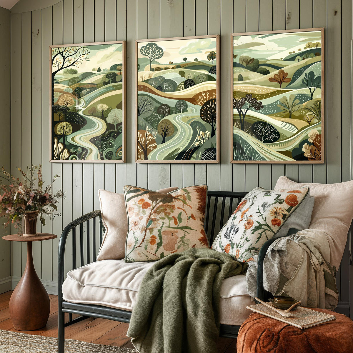 Set of Three Rolling Hills Art Prints - Winding River Valley - 3 Olive Green Countryside Posters - Folk Illustration Painting V4