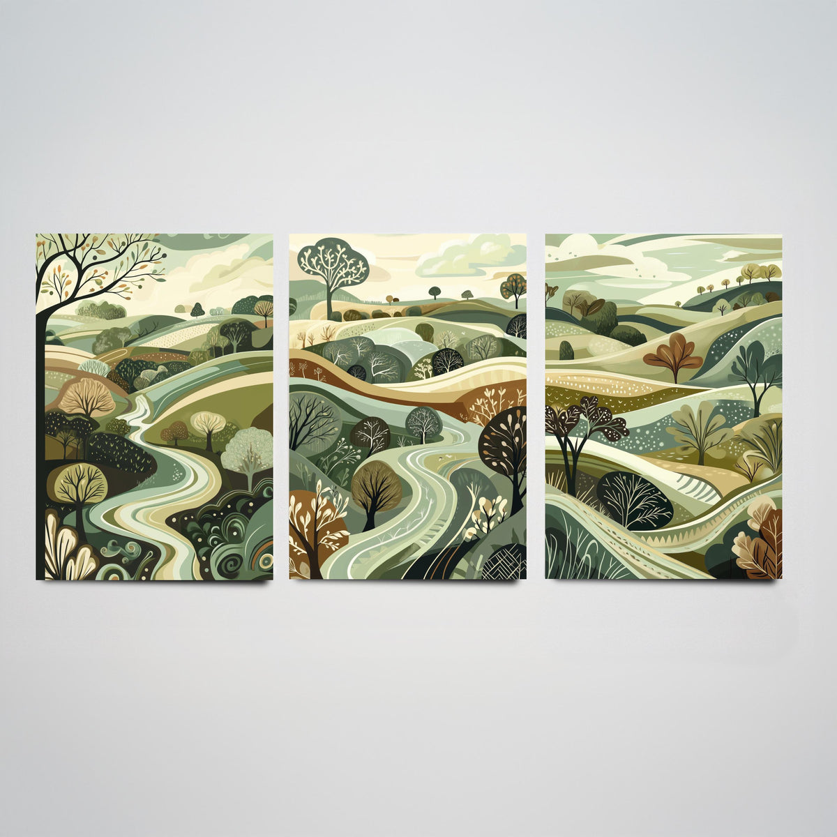 Set of Three Rolling Hills Art Prints - Winding River Valley - 3 Olive Green Countryside Posters - Folk Illustration Painting V4