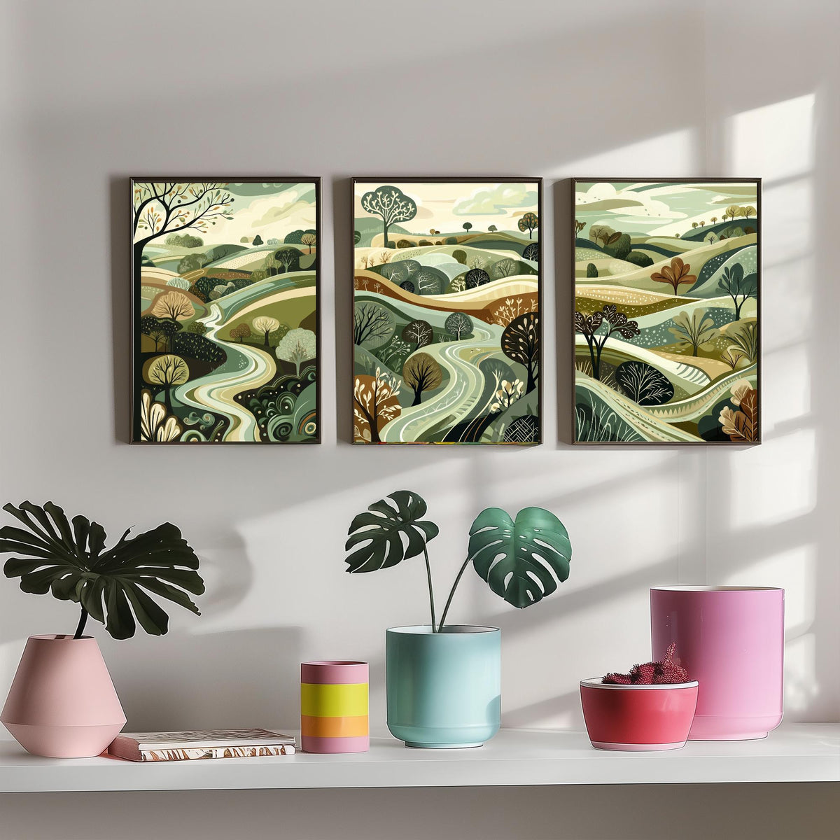 Set of Three Rolling Hills Art Prints - Winding River Valley - 3 Olive Green Countryside Posters - Folk Illustration Painting V4