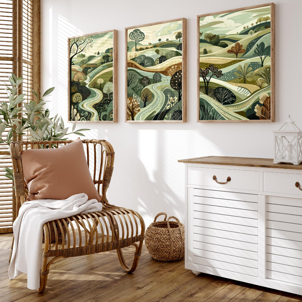 Set of Three Rolling Hills Art Prints - Winding River Valley - 3 Olive Green Countryside Posters - Folk Illustration Painting V4