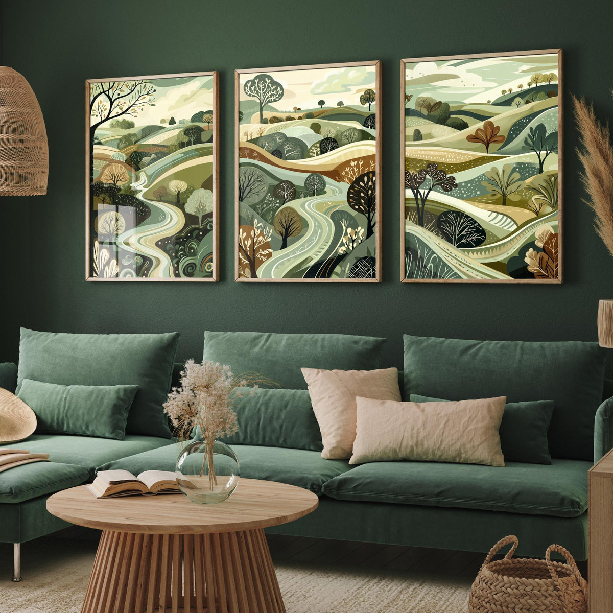 Set of Three Rolling Hills Art Prints - Winding River Valley - 3 Olive Green Countryside Posters - Folk Illustration Painting V4