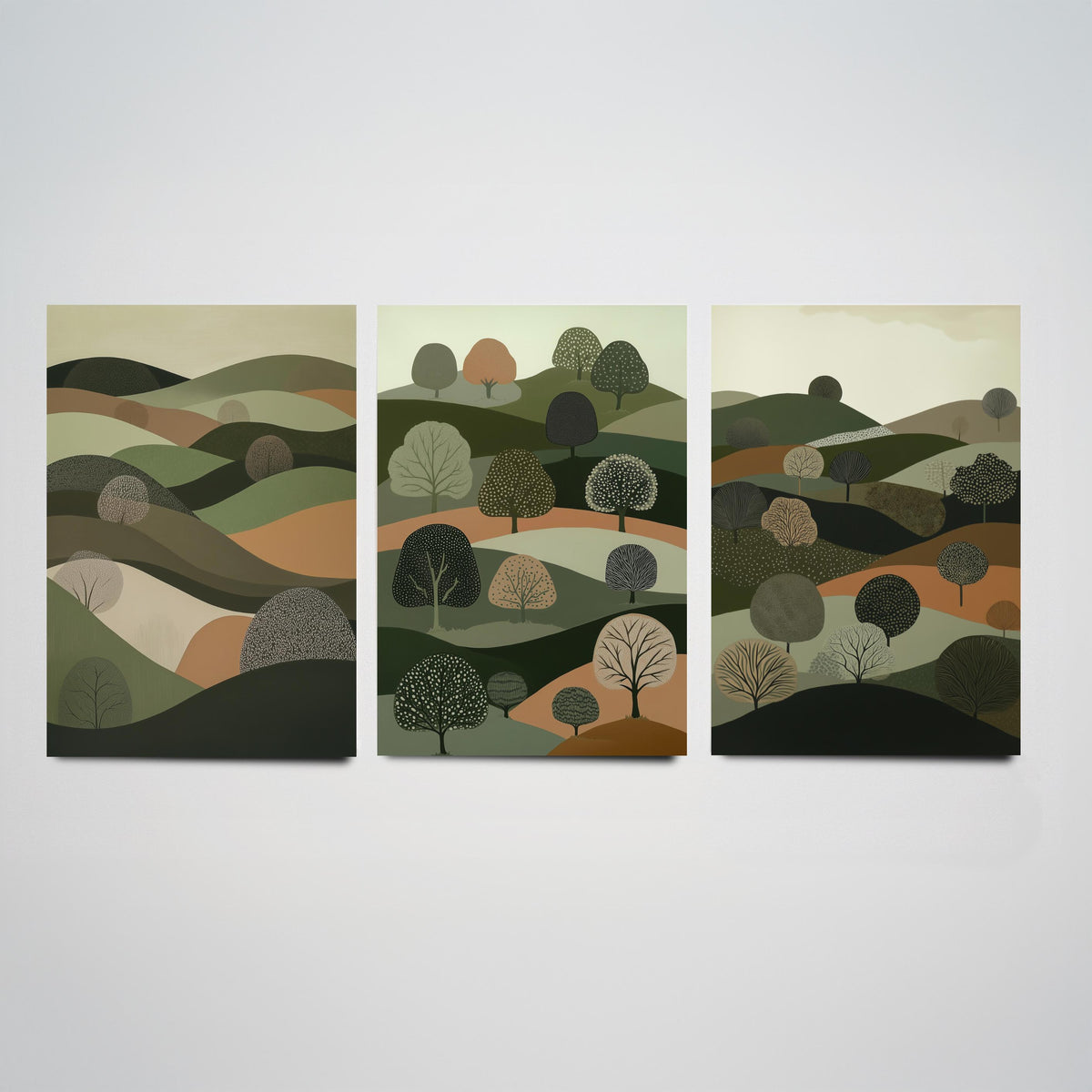 Set of Three Green Hills Tree Art Prints - Dotted Woodland Hillside - 3 Olive Countryside Landscape Posters - Folk Illustration V5