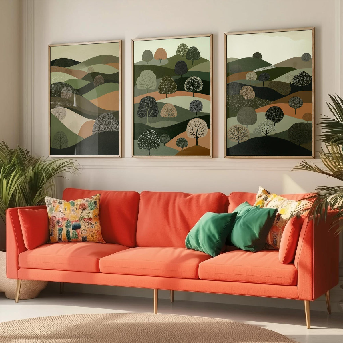 Set of Three Green Hills Tree Art Prints - Dotted Woodland Hillside - 3 Olive Countryside Landscape Posters - Folk Illustration V5