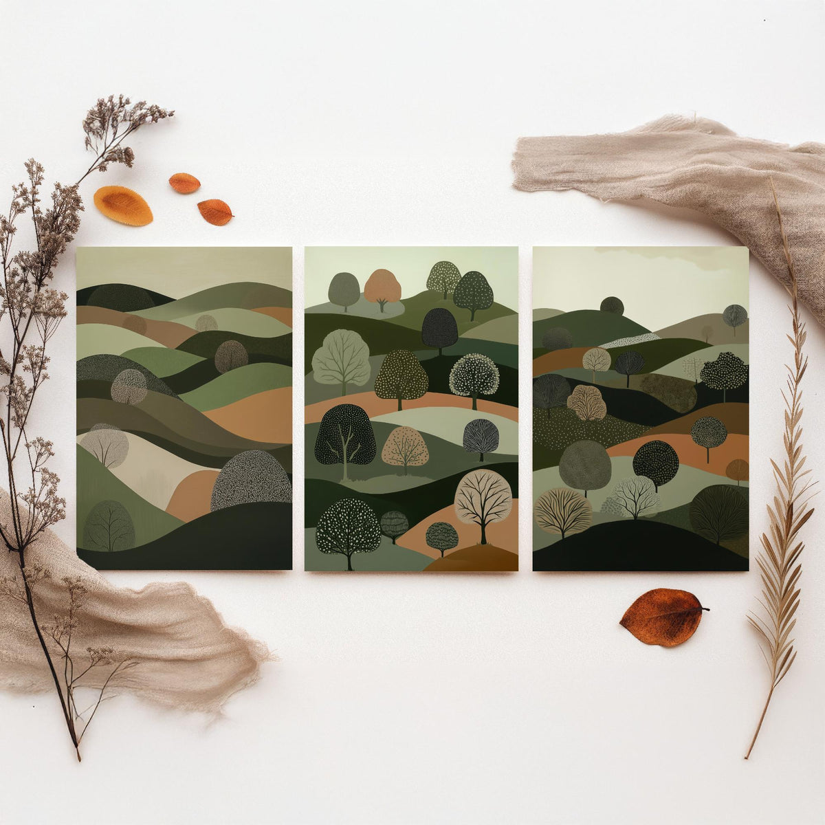 Set of Three Green Hills Tree Art Prints - Dotted Woodland Hillside - 3 Olive Countryside Landscape Posters - Folk Illustration V5