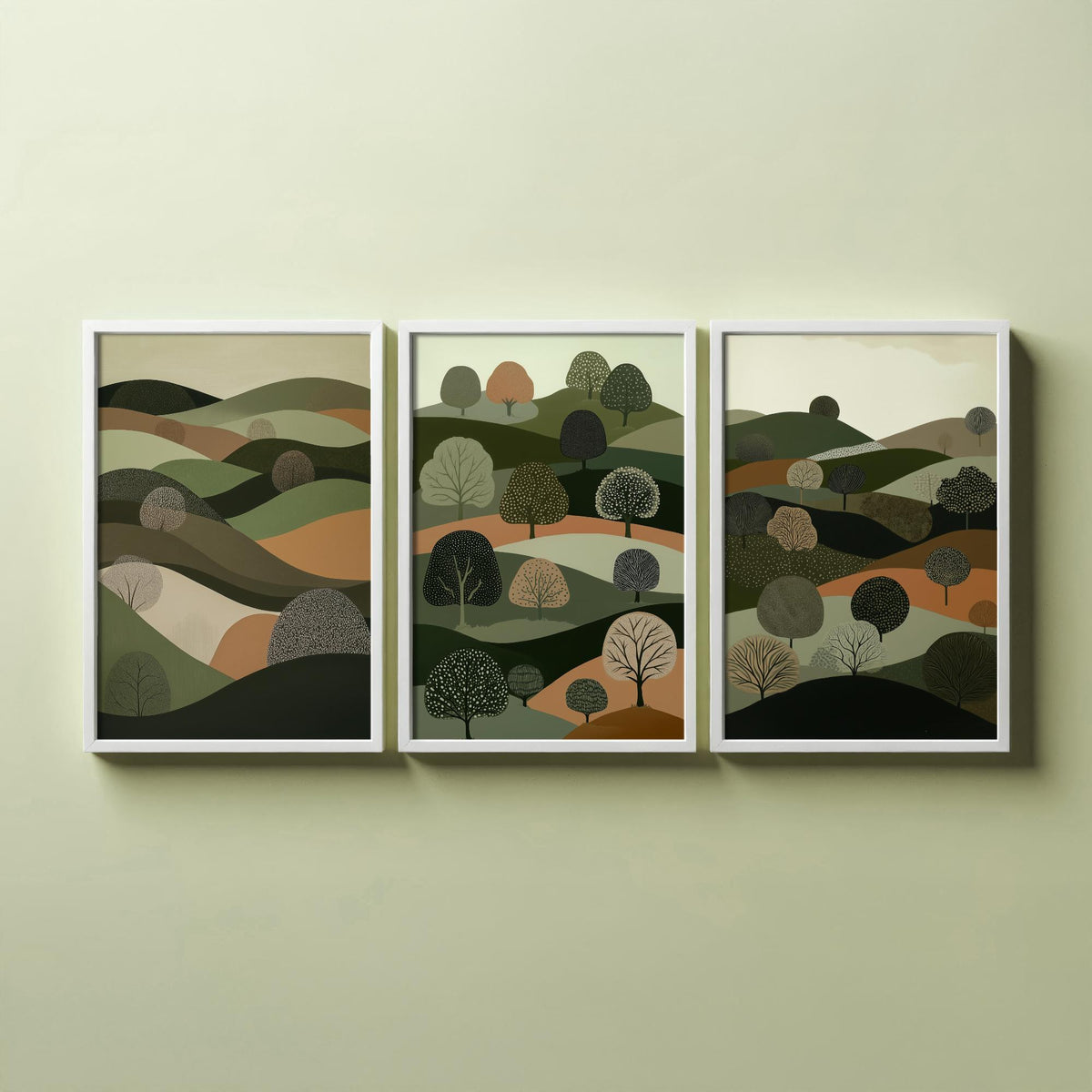 Set of Three Green Hills Tree Art Prints - Dotted Woodland Hillside - 3 Olive Countryside Landscape Posters - Folk Illustration V5