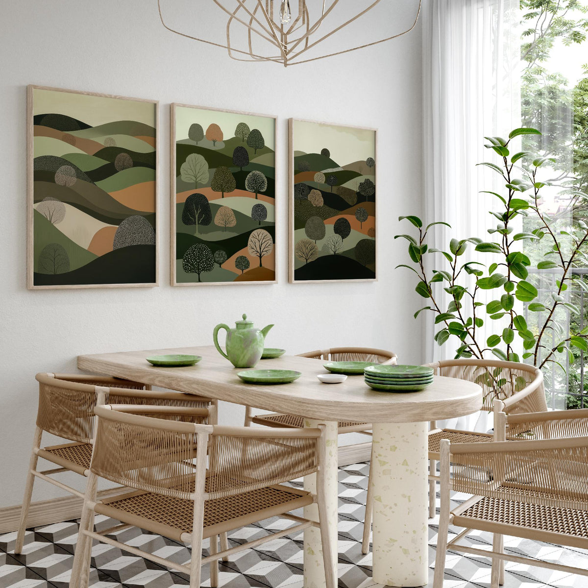 Set of Three Green Hills Tree Art Prints - Dotted Woodland Hillside - 3 Olive Countryside Landscape Posters - Folk Illustration V5