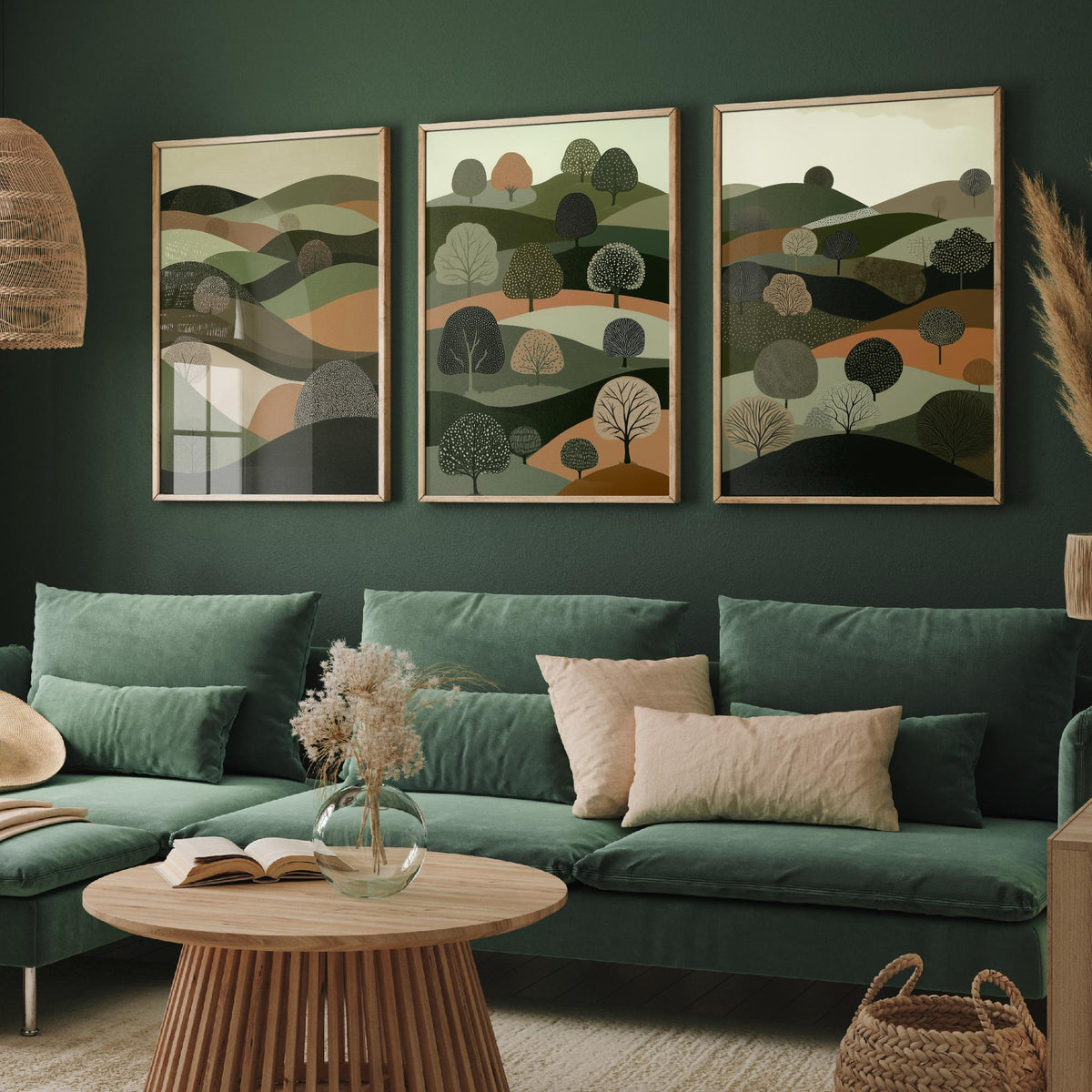Set of Three Green Hills Tree Art Prints - Dotted Woodland Hillside - 3 Olive Countryside Landscape Posters - Folk Illustration V5