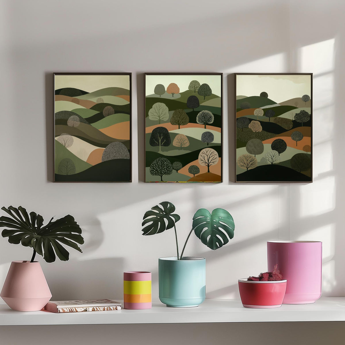 Set of Three Green Hills Tree Art Prints - Dotted Woodland Hillside - 3 Olive Countryside Landscape Posters - Folk Illustration V5