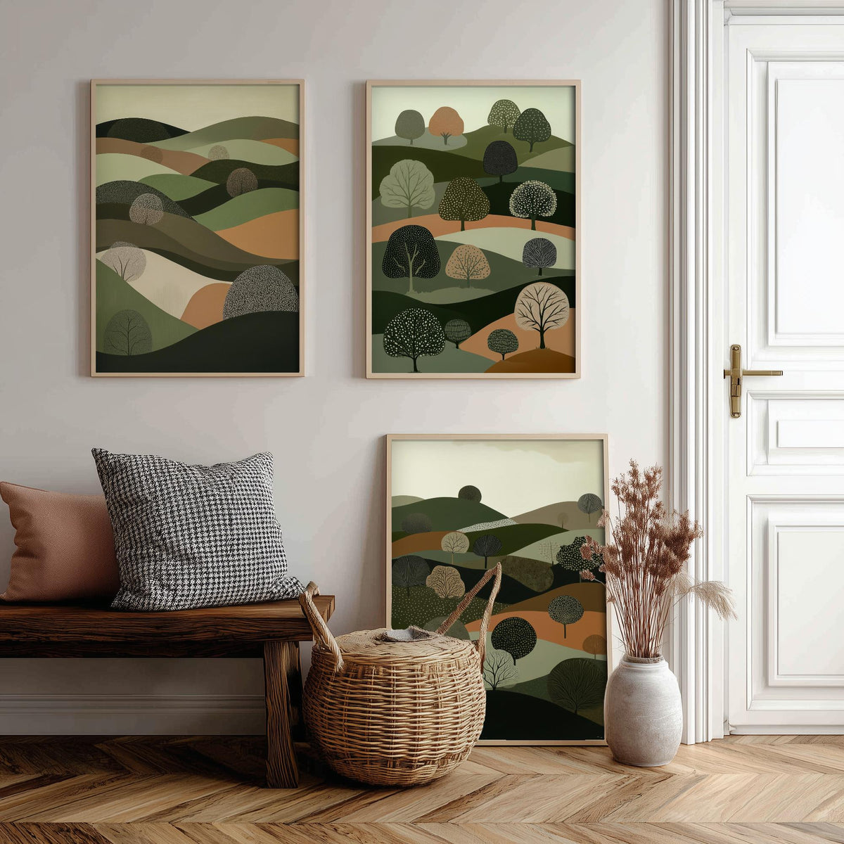 Set of Three Green Hills Tree Art Prints - Dotted Woodland Hillside - 3 Olive Countryside Landscape Posters - Folk Illustration V5