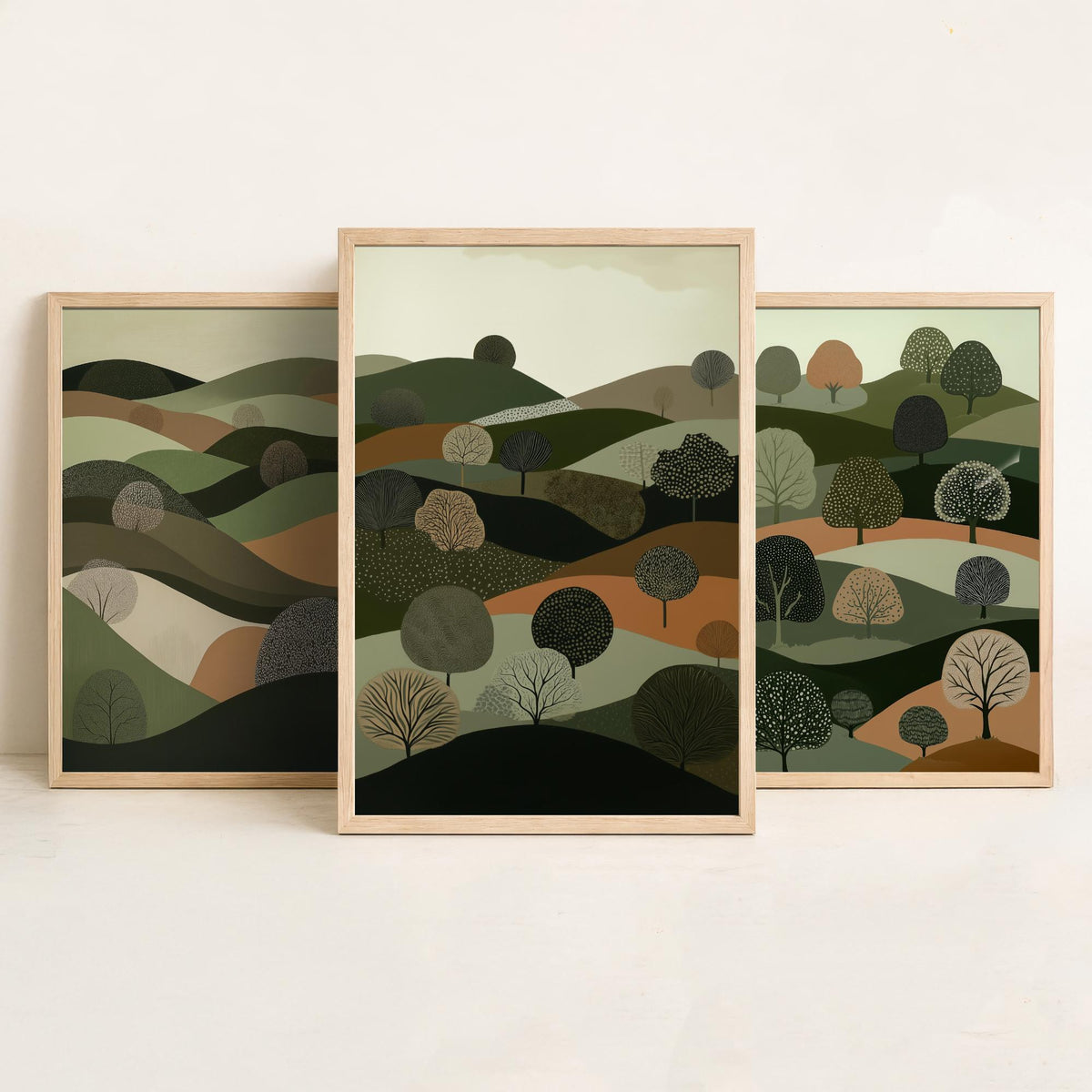 Set of Three Green Hills Tree Art Prints - Dotted Woodland Hillside - 3 Olive Countryside Landscape Posters - Folk Illustration V5