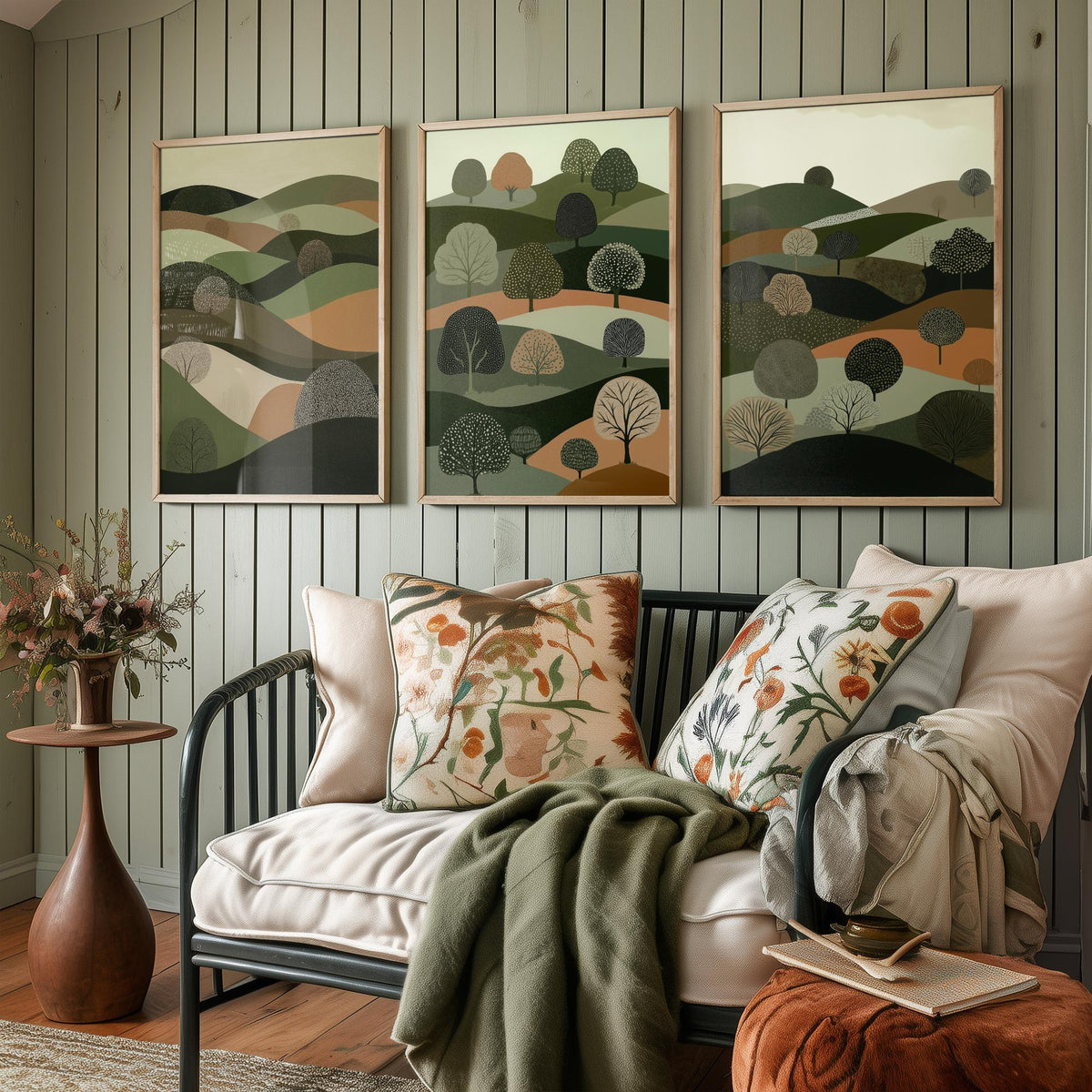 Set of Three Green Hills Tree Art Prints - Dotted Woodland Hillside - 3 Olive Countryside Landscape Posters - Folk Illustration V5