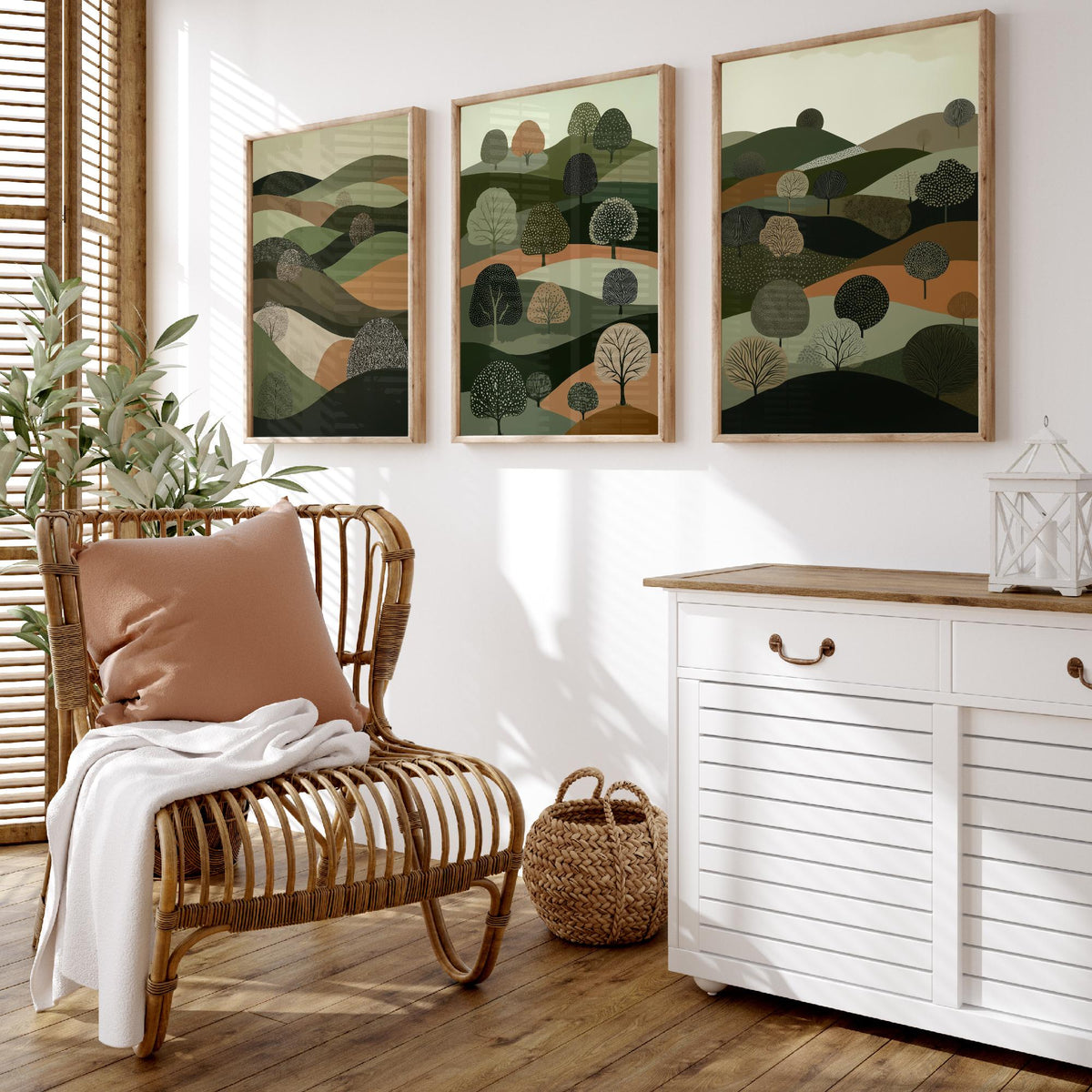 Set of Three Green Hills Tree Art Prints - Dotted Woodland Hillside - 3 Olive Countryside Landscape Posters - Folk Illustration V5