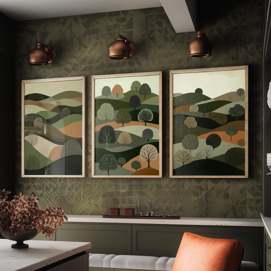 Set of Three Green Hills Tree Art Prints - Dotted Woodland Hillside - 3 Olive Countryside Landscape Posters - Folk Illustration V5