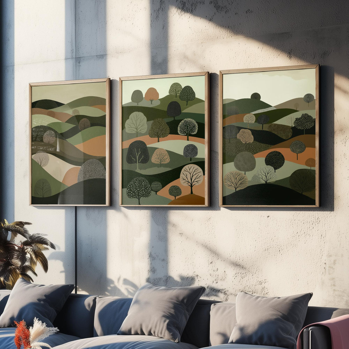 Set of Three Green Hills Tree Art Prints - Dotted Woodland Hillside - 3 Olive Countryside Landscape Posters - Folk Illustration V5